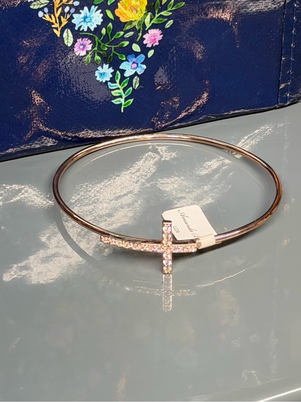 Rose Gold Cross Bangle Bracelet with Crystals - Women Jewelry
